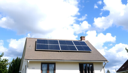 Fototapeta premium Cloudy blue sky over a home with solar panels on the pitched roof, simple style, with white tones