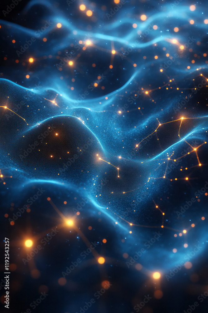 Poster a neon-like mesh of interlocking triangles in electric blue, dotted with glowing yellow nodes, hover