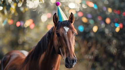 Adorable brown horse wearing colorful party hat celebrating birthday outdoors


