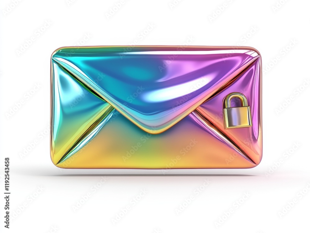 Poster metallic holographic envelope with secure padlock icon symbolizing email encryption, data protection
