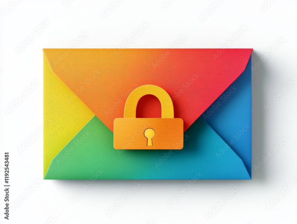 Poster gradient email envelope with padlock in bold red and yellow colors, representing cyber safety, data 
