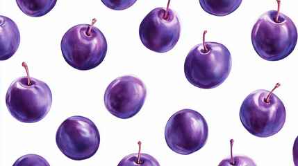 A clean, white background with a pattern of repeating, simple silhouettes of plums.
