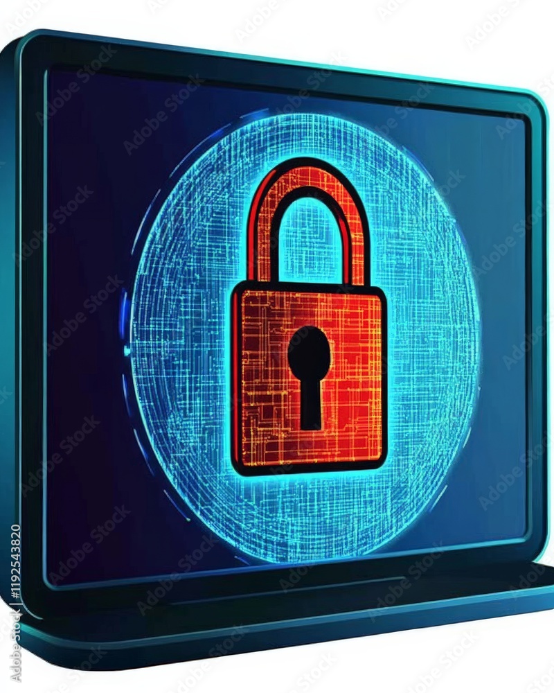 Poster blue neon rectangular screen with padlock graphic representing high tech cyber protection, advanced 
