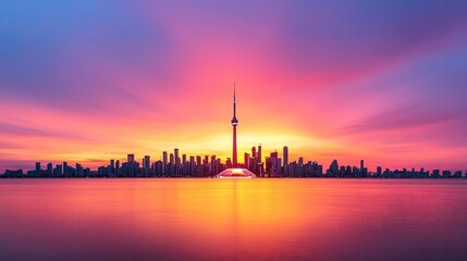 Naklejka premium Vivid gradient idea. Stunning sunset over a vibrant city skyline with a prominent tower reflecting on water.