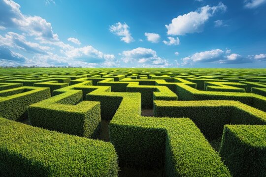 Expansive green hedge maze under a clear blue sky with fluffy clouds