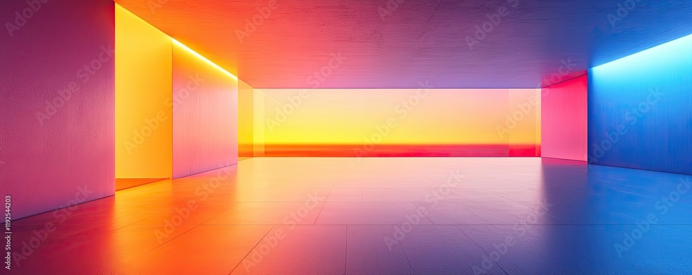 Poster vivid gradient idea. vibrant abstract space with colorful glowing lights and smooth reflective floor