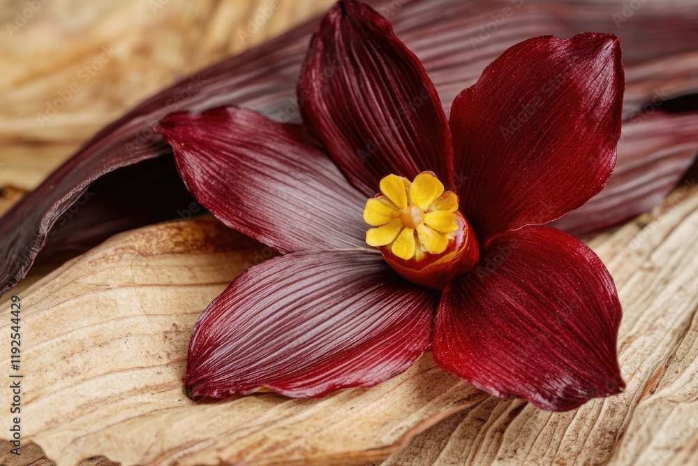Poster close-up of a single flower growing out of a piece of wood, ideal for use in editorial or commercial