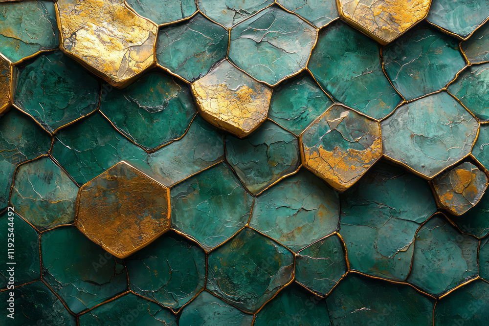 Poster a cascade of angled golden hex planes, each step forming a rhythmic wave on a turquoise base,