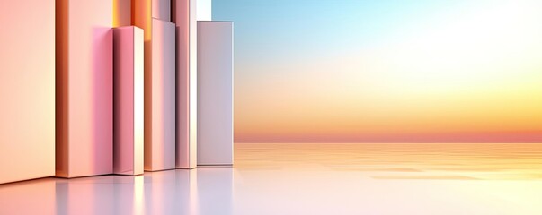 Obraz premium Minimal symmetry idea. Modern architecture with pastel colors against a serene sunset backdrop.