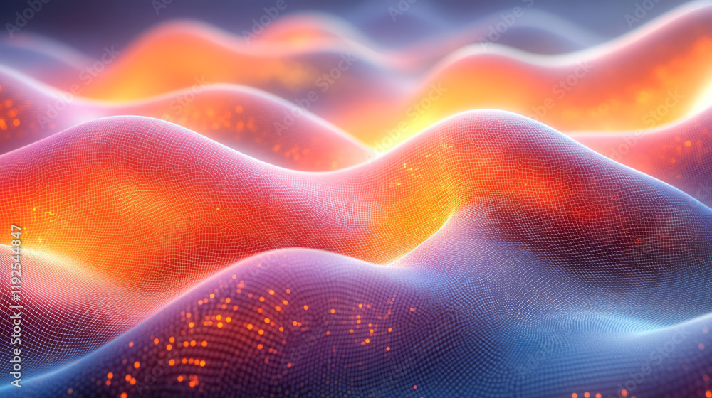 Poster a serpentine wave made of bright banana-colored hex grids, weaving in and out of a soft twilight-blu