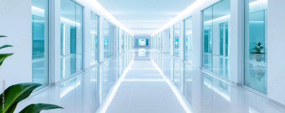 Poster minimal symmetry idea. a modern, sleek corridor with bright lighting and minimalistic design element