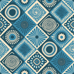 boho bohemian chic hand drawn diamond tiles in dusty blue navy beige colors seamless repeatable pattern design, vector illustration repeat print