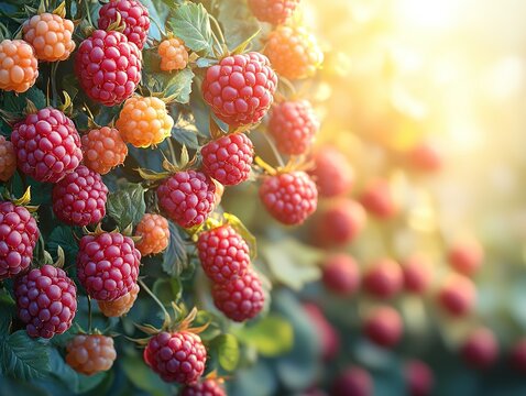 Ripe raspberries and cloudberries on bush in sunny garden