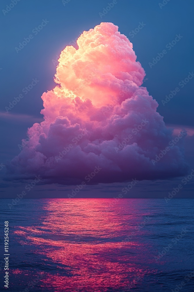 Poster a large cloud floats above the vast ocean, with waves crashing against the shore