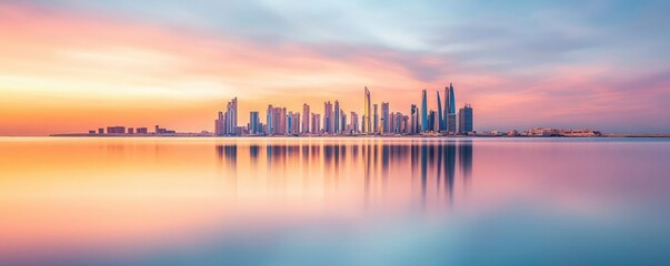 Fototapeta premium Symmetry gradient concept. Stunning skyline at sunset, reflecting in calm waters, showcasing modern architecture.