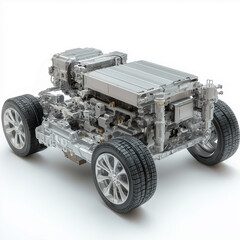 Electric vehicle engine powertrain innovation design. A side view of an electric vehicle powertrain showcasing its components.