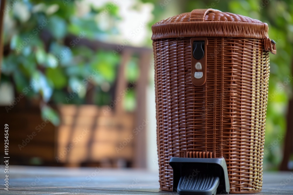 Poster a wicker trash can sits on top of a wooden table, ready for use