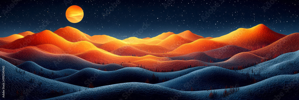 Poster A softly contoured layer of vivid lemon hex shapes, creating rolling hills against a navy-blue background,