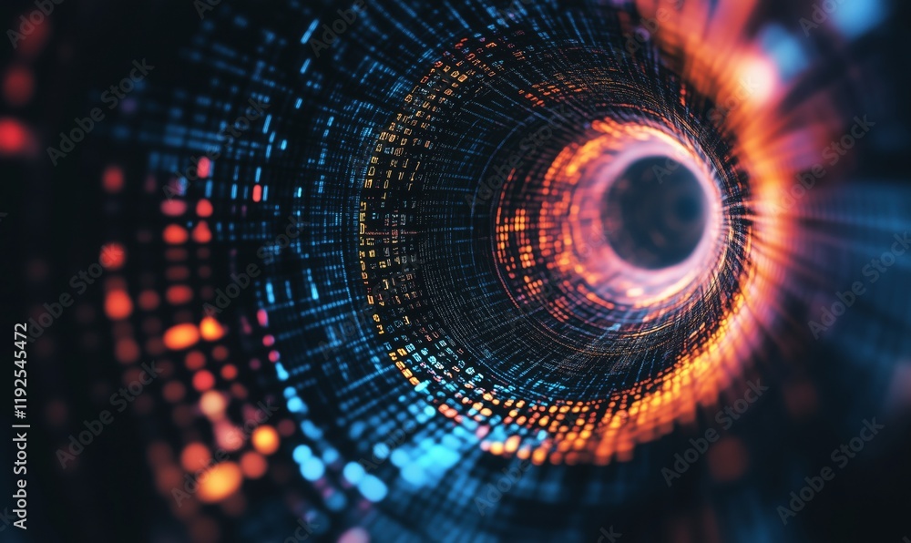 Poster digital tunnel of glowing data streams, vibrant colors, abstract representation of technology and in