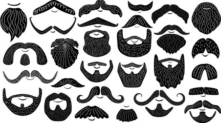 men doodled hand drawn various styles beards and mustache collection in black and white, vector illustration graphic design set