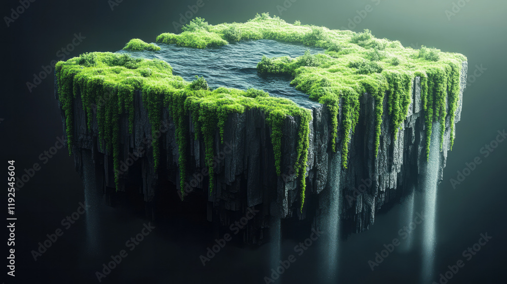 Poster A floating isometric landscape with bright green hex columns of varying heights, drifting on an endless black ocean,