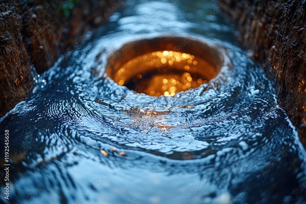 Poster A close-up view of a flowing stream of water with rippling waves and sunlight reflecting off the surface