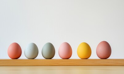 Colorful assortment of decorative eggs arranged on wooden shelf, showcasing pastel shades and unique textures, perfect for spring or Easter celebrations
