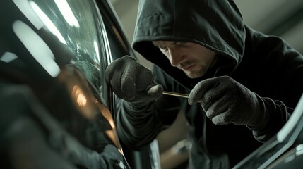 A person in a hoodie is shown fixing a car door