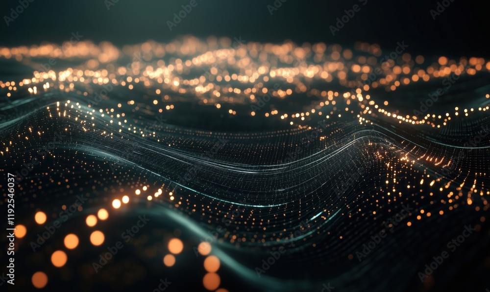 Poster abstract digital landscape with glowing orange particles and flowing lines, representing data visual