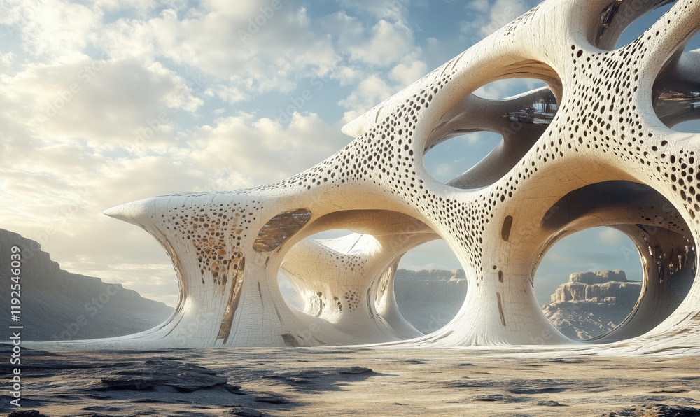 Poster futuristic organic architecture with intricate patterns and large openings in a surreal landscape