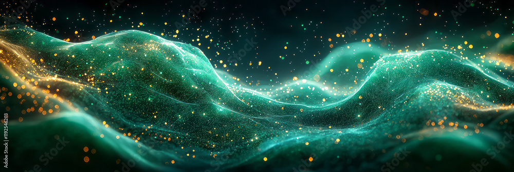 Poster a serpentine wave of emerald hex strings, weaving across a dark stage as if alive with hidden energy