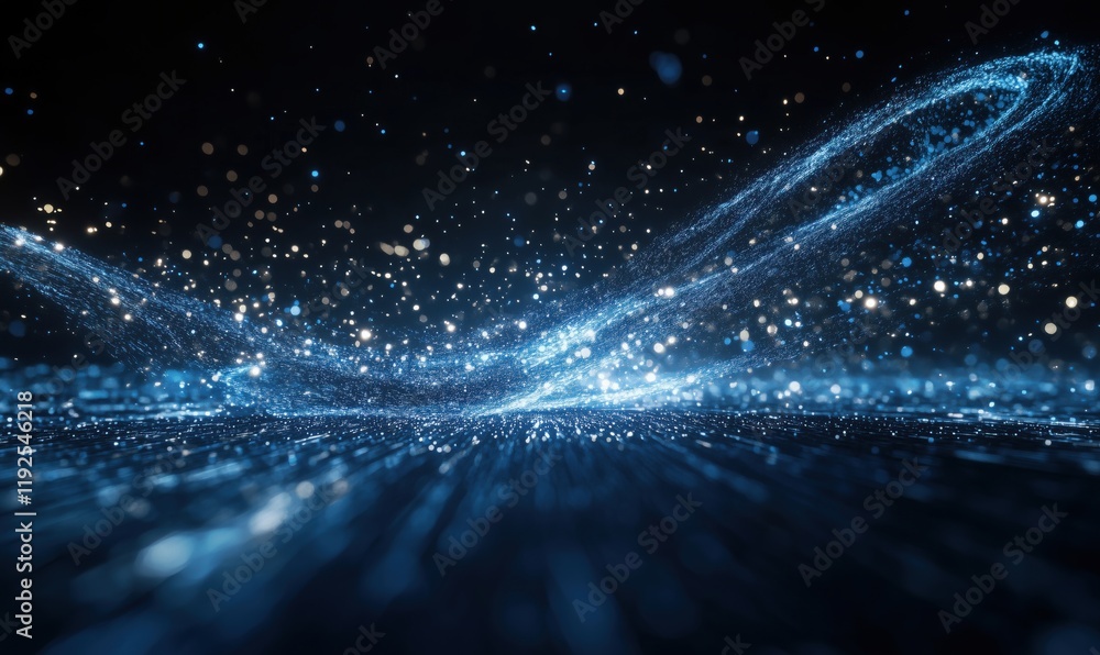 Poster abstract blue light particles swirling in space, creating a mesmerizing cosmic effect with sparkling