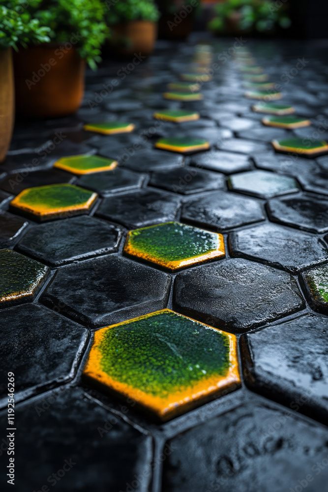 Poster a softly contoured surface of hex tiles, each one lit by chartreuse edges, blending into a jet-black