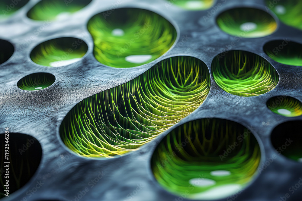 Aufkleber A fluid geometry of overlapping hex patterns in vivid green, creating a 3D web over a matte obsidian canvas,