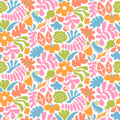 warm pastel colored paper cut outs flowers blooms botanical abstract shapes in matisse style doodles seamless pattern, vector illustration repeat print