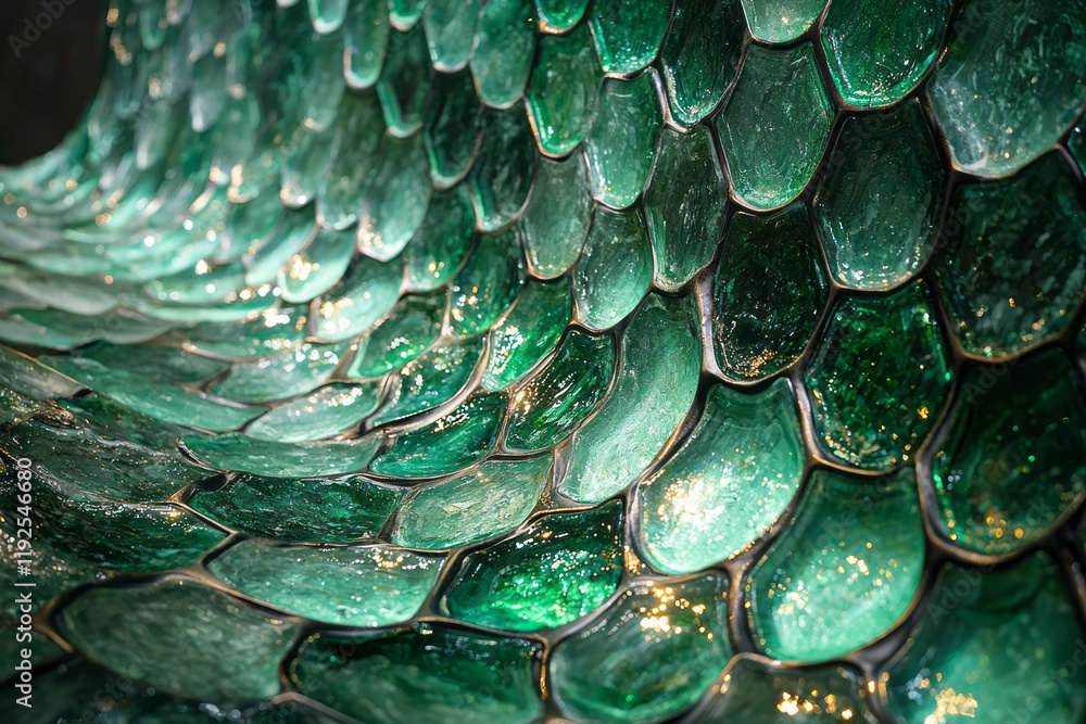 Poster a sweeping wave of emerald-green hexagonal tiles, illuminated by a faint glow on a pitch-black canva