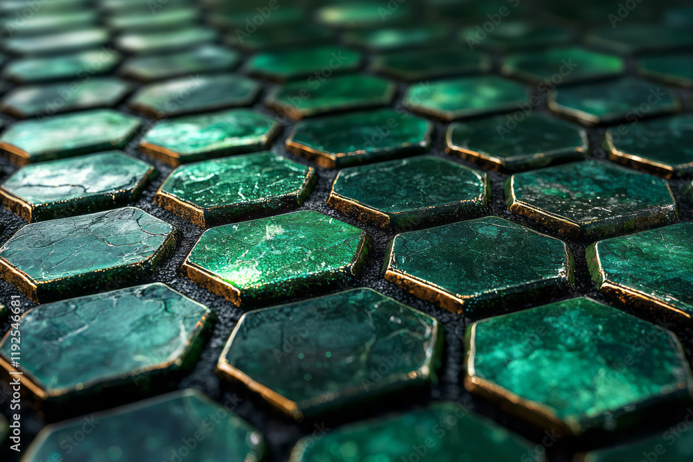 Aufkleber a sweeping wave of emerald-green hexagonal tiles, illuminated by a faint glow on a pitch-black canva