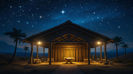 A humble wooden stable bathed in warm light under a starry night sky with a bright star overhead. Evokes themes of hope, faith, and the Christmas story.
