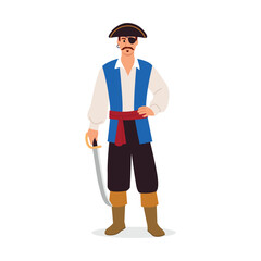 Vector illustration of a slim pirate. Cartoon scene of a mustachioed pirate in a tricorne, with a black eye patch, shirt, pants, vest, red belt, boots, saber isolated on white background. Sea robber.