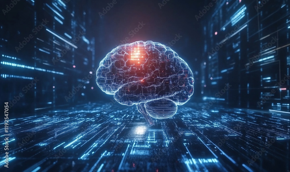 Poster digital brain visualization representing artificial intelligence, neural networks, and data processi