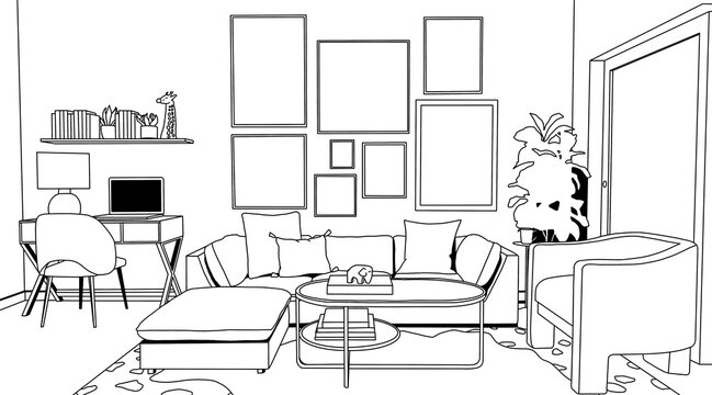Study and living room illustration, coloring page, interior design, drawn illustration, sketch, drawing