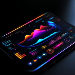 A glowing AI interface in retro-futuristic style, featuring pixel art holograms, smooth toggle sliders, and a vibrant color palette