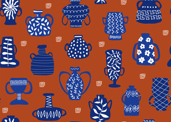 ancient ceramics vases pots in  blue white on rust  background seamless pattern, vector illustration repeat design