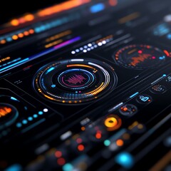 Obraz premium A layered cybernetic UI overlay with holographic energy streams, vintage-inspired neon widgets, and vibrant data grids