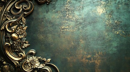 Ornate gold carving on a textured dark green background