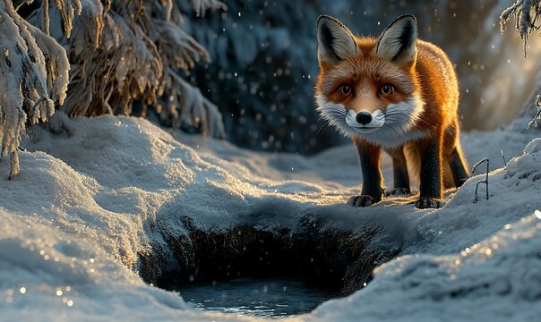 Red fox by snowy stream, winter forest - Powered by Adobe