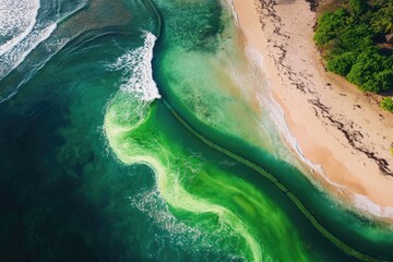 Fototapeta premium Aerial view of a body of water near a beach, great for travel or coastal scenes