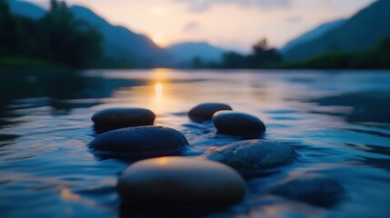 Sunset Serenity: Tranquil River Stones at Golden Hour