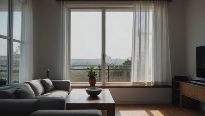 Fototapeta premium Modern Minimalist Living Room with Scenic View: Interior Design and Architecture Photography