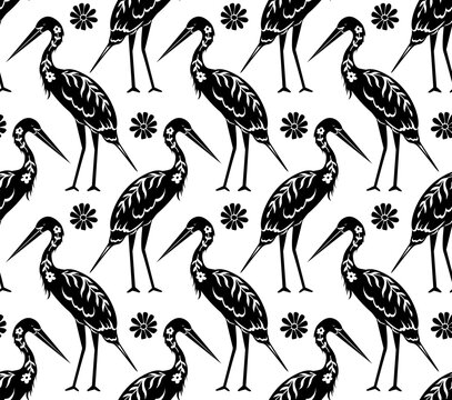 great egret black and white block print style  seamelss pattern, vector illustration repeat design